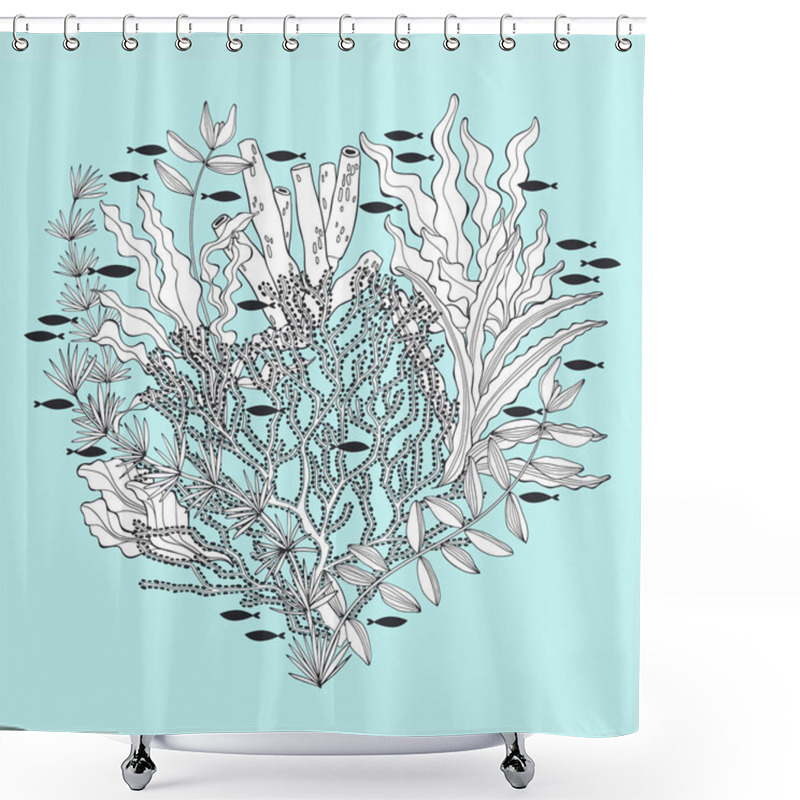 Personality   Seaweed And Fishes On A Blue Background. Vector Background On A Sea Theme. Shower Curtains