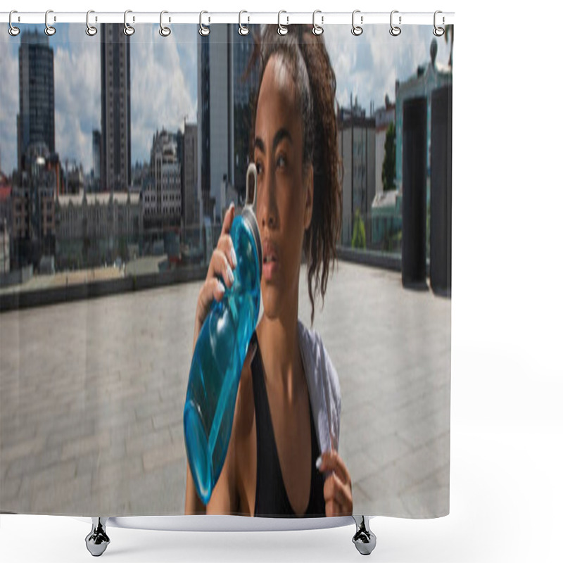 Personality  African American Sportswoman Drinking Water And Holding Towel On Urban Street, Banner  Shower Curtains