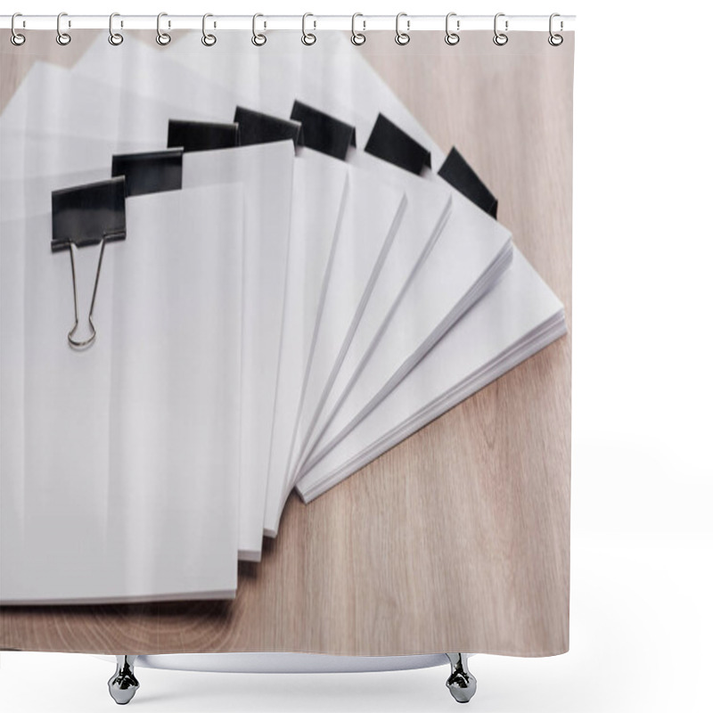 Personality  Stacks Of Blank Paper With Metal Binder Clips And Copy Space On Wooden Desk Shower Curtains