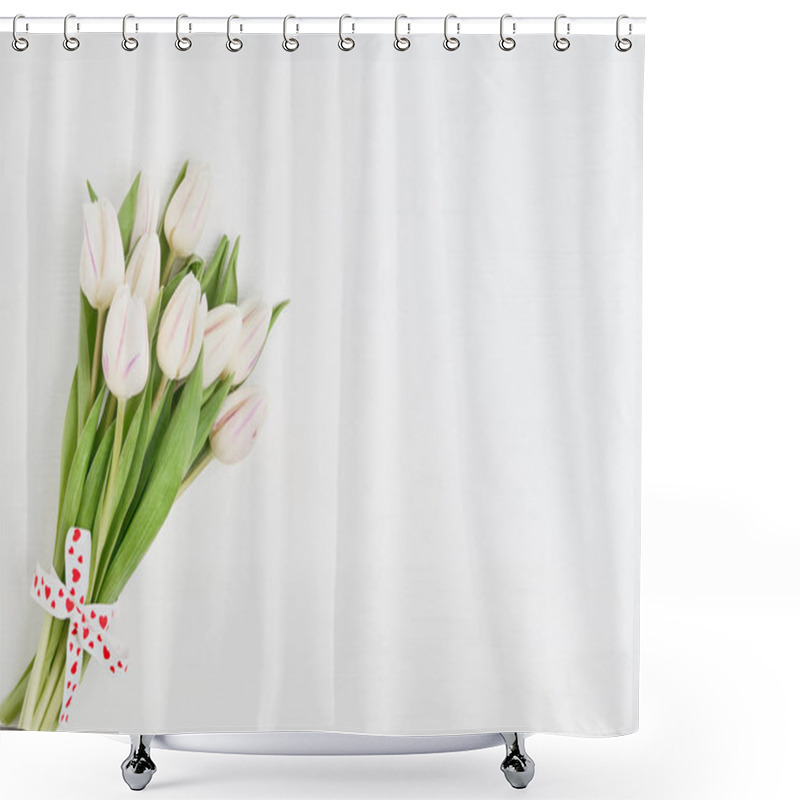 Personality  White Tulips Bouquet Decorated With Hearts Ribbon On White Wooden Background. Copy Space, Top View. Valentines Day Concept Shower Curtains