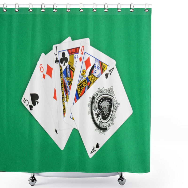 Personality  Top View Of Green Poker Table With Unfolded Playing Cards Diamonds, Spades And Clubs Suits Shower Curtains