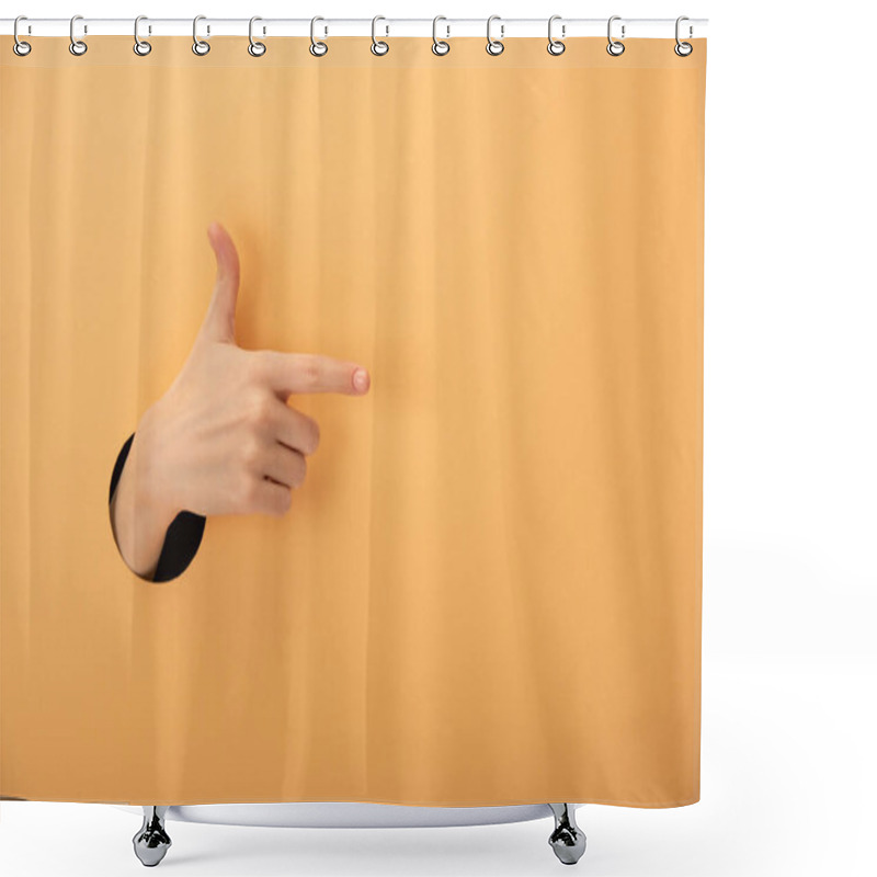 Personality  Cropped View Of Woman Pointing With Finger On Orange  Shower Curtains