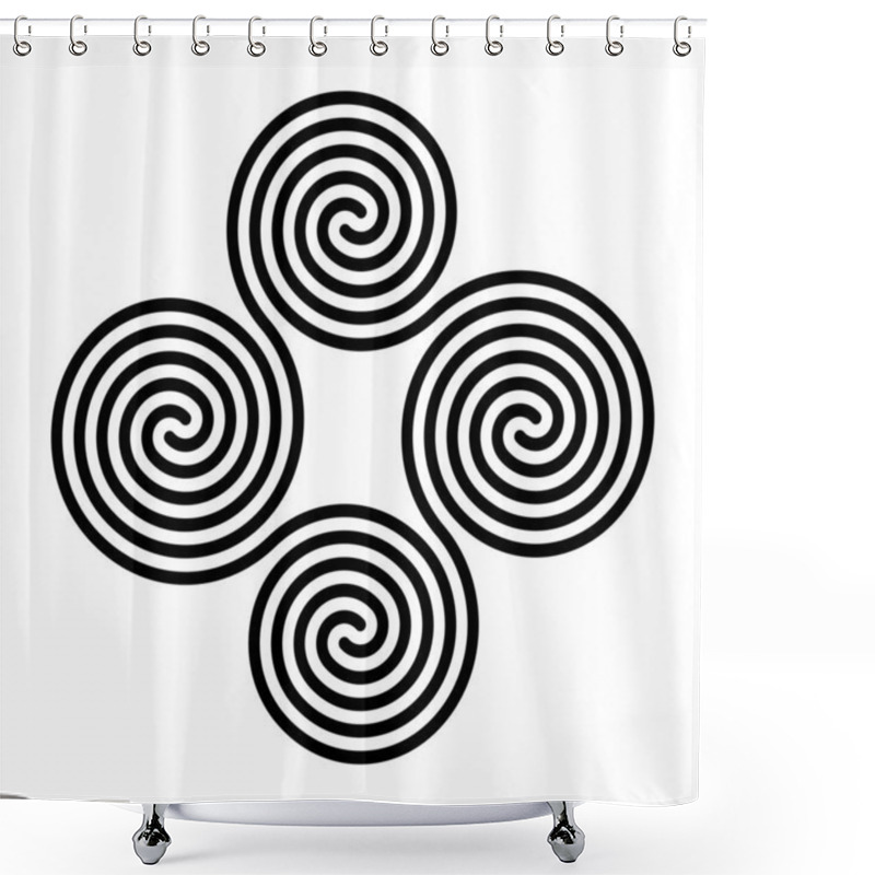 Personality  Four Connected Celtic Double Spirals. Quadruple Spiral, Formed By Four Interlocked Archimedean Spirals. Symbol And Motif. Black And White, Isolated Illustration, On White Background. Vector. Shower Curtains