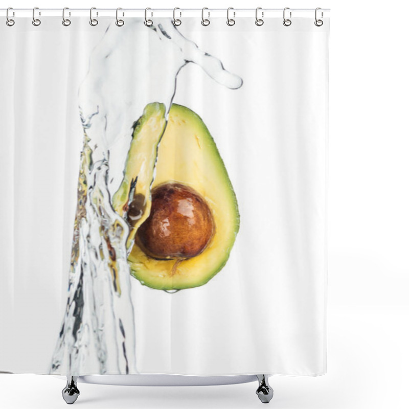 Personality  Ripe Nutritious Avocado With Seed And Transparent Water Stream Isolated On White  Shower Curtains