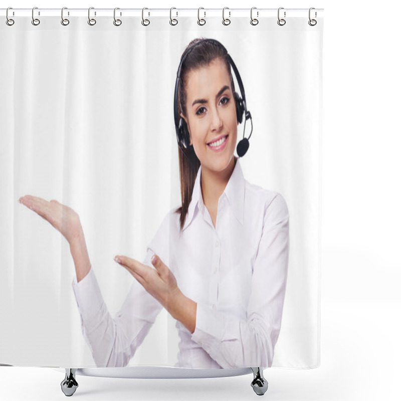 Personality  Smiling Woman In Headset Presentation Something Shower Curtains