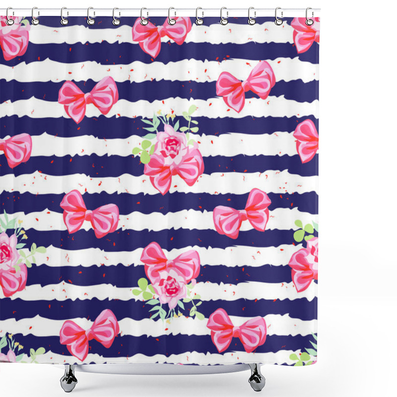 Personality  Striped Navy Seamless Vector Print With Satin Bows And Rose Flow Shower Curtains