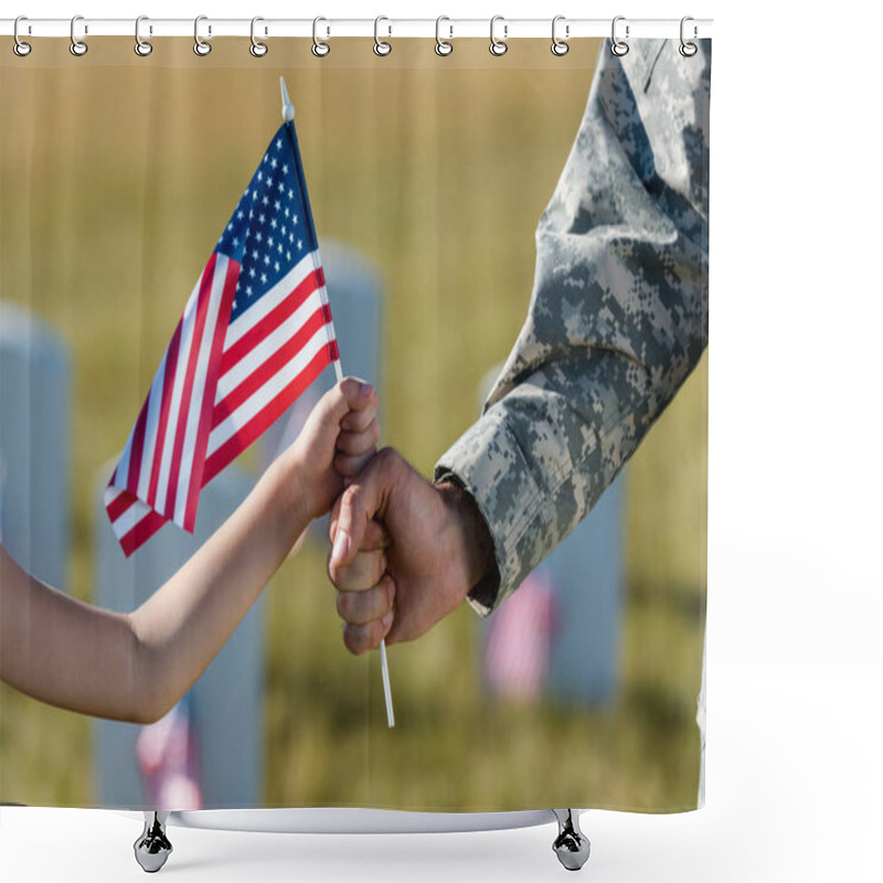 Personality  Cropped View Of Military Father And Daughter Holding American Flag  Shower Curtains