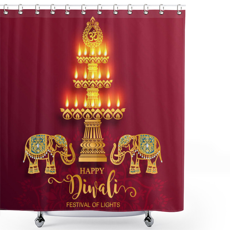 Personality  Happy Diwali Festival Card With Gold Diya Patterned And Crystals On Paper Color Background. Shower Curtains