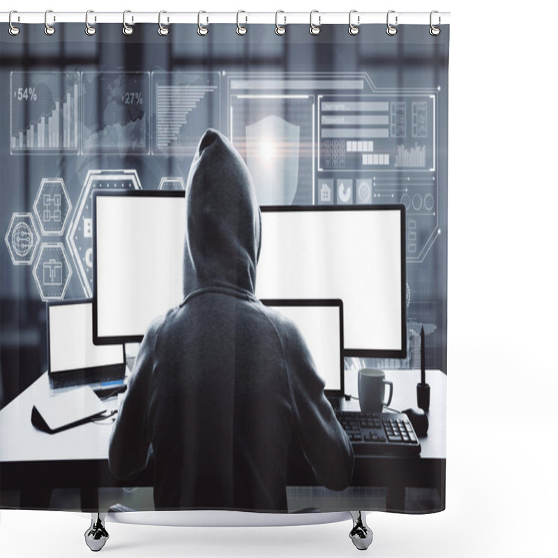 Personality  Hacker Using Laptop With Digital Business Interface In Blurry Office Interior. Hacking And Online Concept. Double Exposure  Shower Curtains