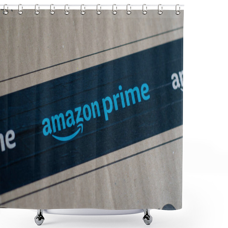 Personality  Soest, Germany - March 12, 2021: Amazon Prime Cardboard Box. Shower Curtains