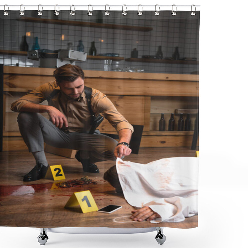 Personality  Male Detective Examining Dead Body At Crime Scene Shower Curtains