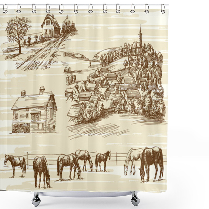 Personality  Farm And Horses - Hand Drawn Set Shower Curtains