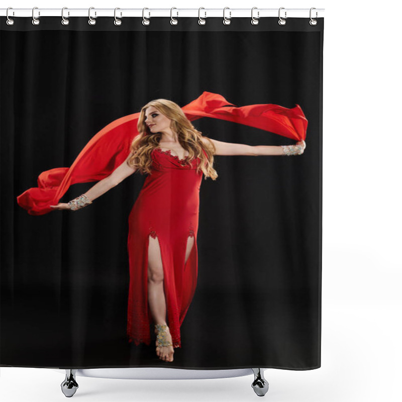 Personality  Beautiful Woman In Red Dress Gracefully Dances With Red Scarf. Shower Curtains