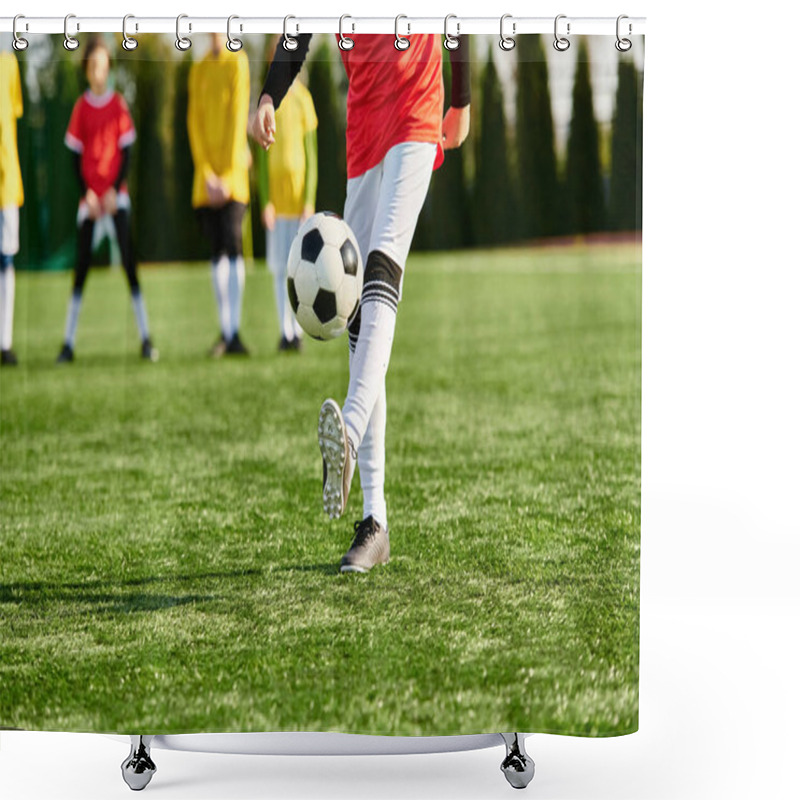 Personality  A Man Dressed In Sportswear Kicks A Soccer Ball On A Green Field, Showcasing Precision And Skill In His Movement. Shower Curtains