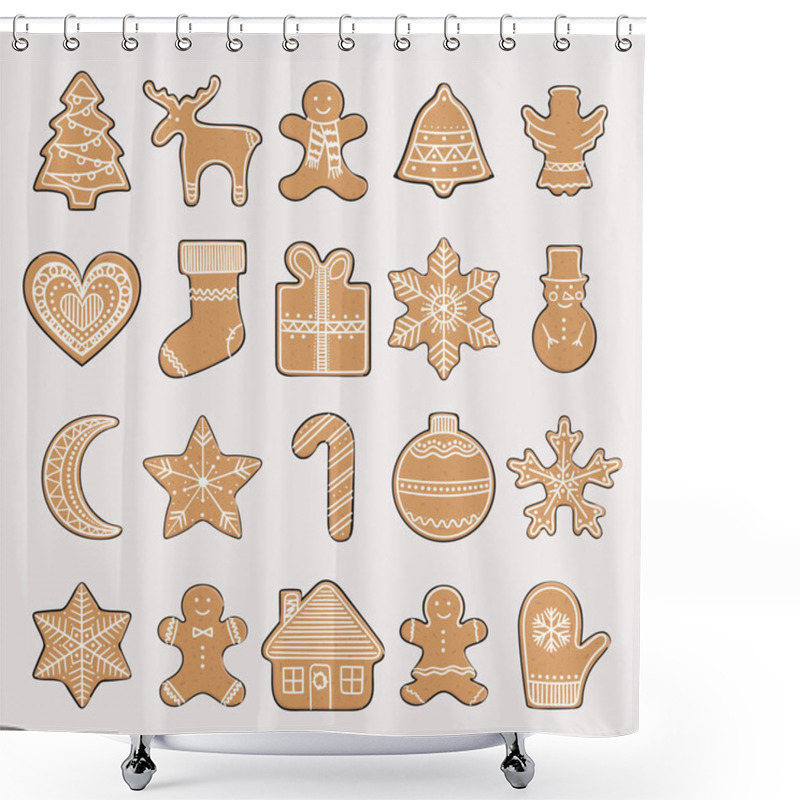 Personality  Set Of Gingerbread Cookies. Christmas Elements For Winter Holidays. Gingerbread Man And Woman, Christmas Tree, Present, Stars, Bell, Ball, House, Heart. Hand-drawn Vector Illustration. Shower Curtains