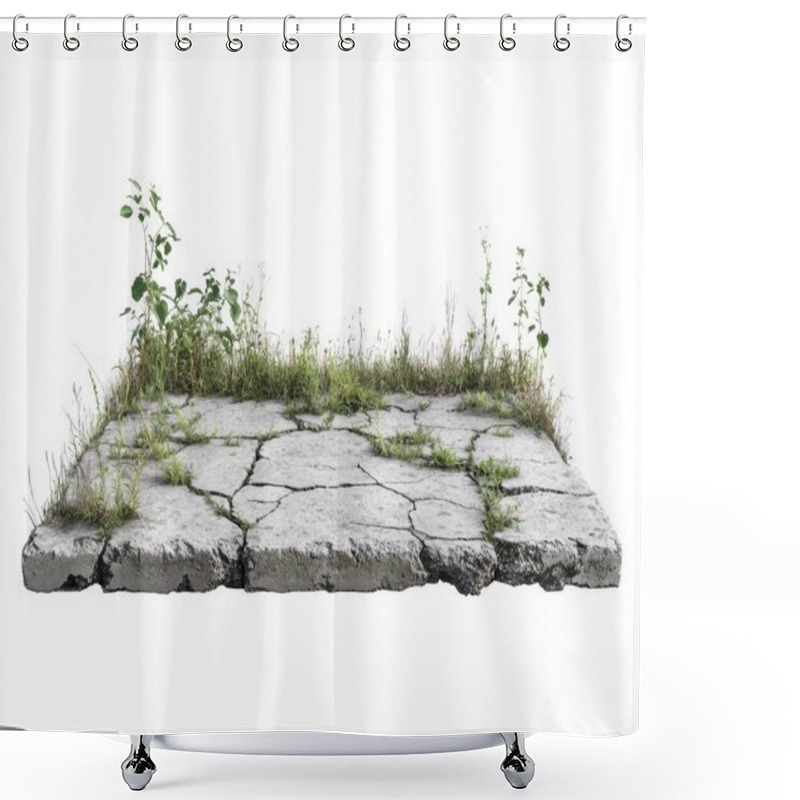 Personality  A Textured Gray Concrete Slab With Cracks, Featuring Green Grass And Small Plants Growing Through, Symbolizing Resilience In Nature. Shower Curtains