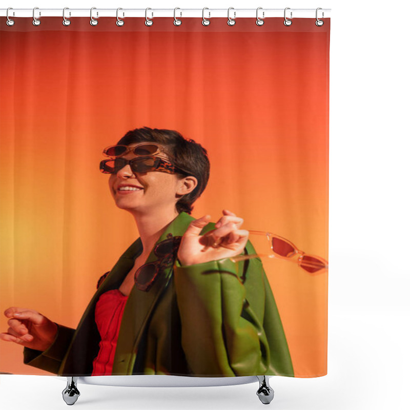 Personality  Young And Carefree Woman Posing In Green Stylish Jacket And Different Trendy Sunglasses On Orange Background Shower Curtains