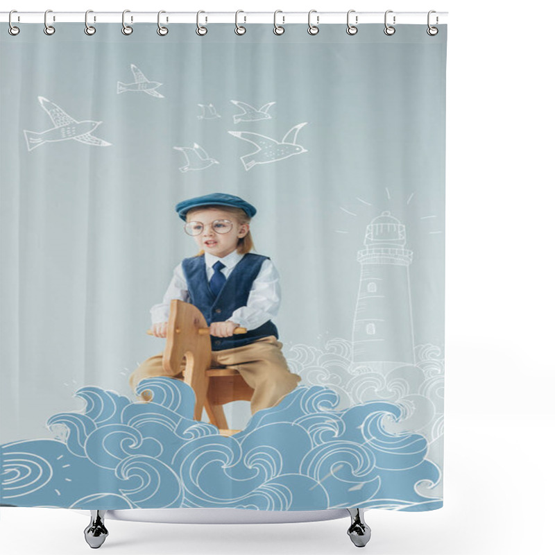 Personality  Kid In Retro Vest And Cap Riding On Rocking Horse On Grey Background With Fantasy Lighthouse, Waves And Flying Birds Illustration Shower Curtains