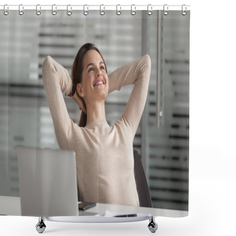 Personality  Smiling Happy Businesswoman Relaxing, Having Break At Office. Shower Curtains