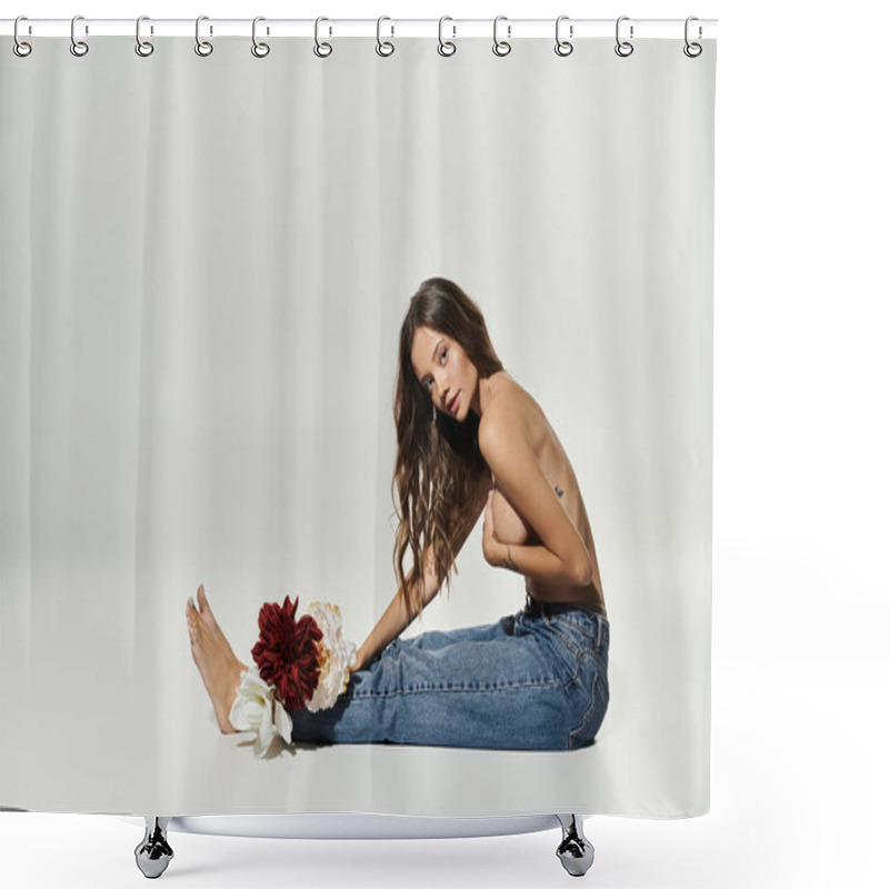 Personality  A Young Woman Gracefully Poses, Adorned With Flowers, Showcasing Confidence And Beauty. Shower Curtains