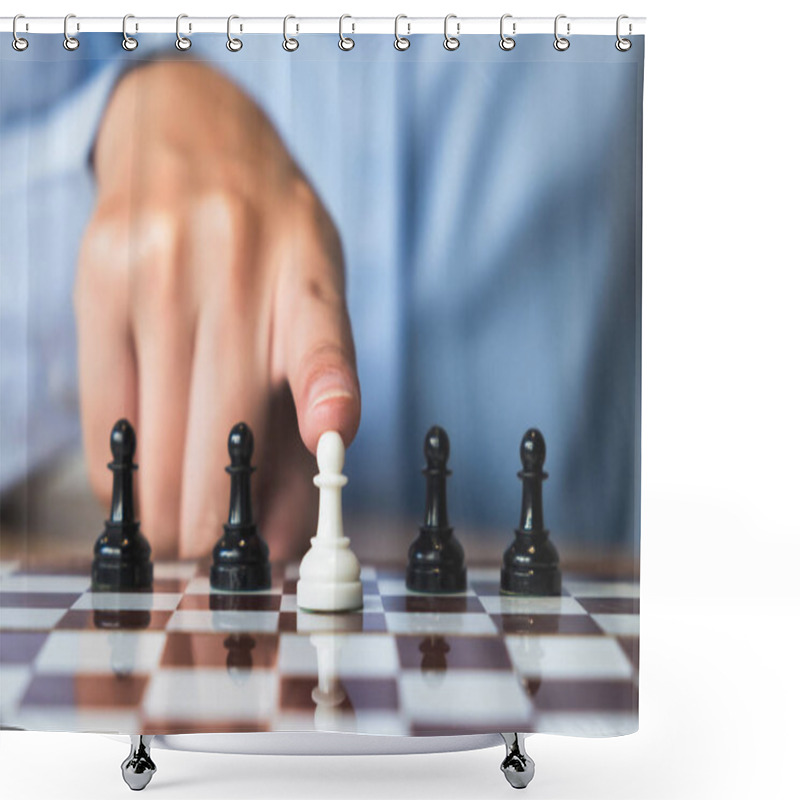 Personality  Businessman Playing Chess Game. Business Strategy And Planning Concept. Shower Curtains