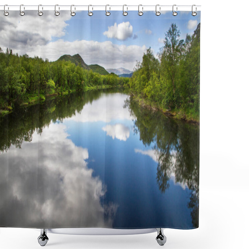 Personality  Beatifull Landscape Of The Sky Reflection In A River In The Forest Shower Curtains