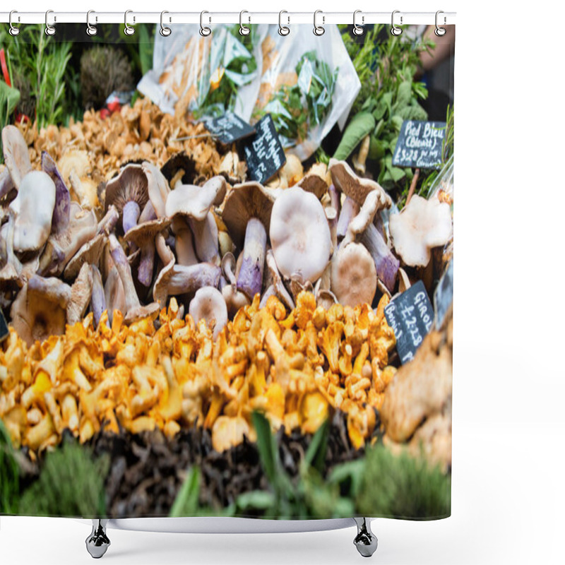 Personality  Fresh Chanterelles And Cauliflower Mushroom Exposed In Baskets On The Market. Shower Curtains