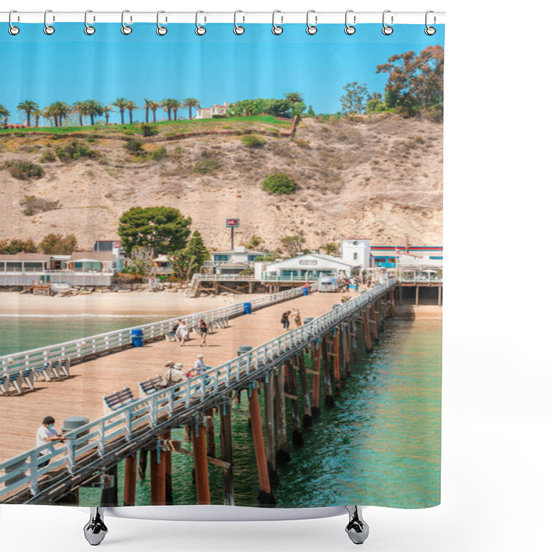 Personality  Malibu Beach Pier, California. Postcard View, Blue Sky And Beautiful Ocean Waves Shower Curtains