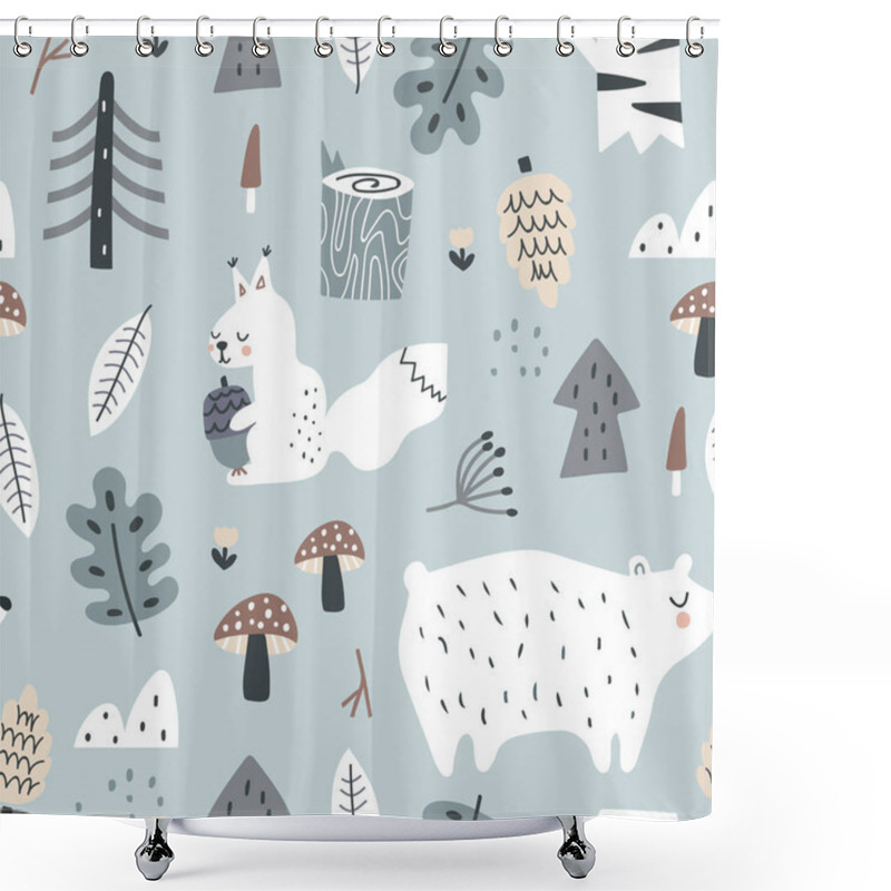 Personality  Forest Seamless Pattern With Bear And Squirrel. Trendy Woodland Texture Perfect For Textile, Fabric, Apparel, Wallpaper.Vector Illustration Shower Curtains