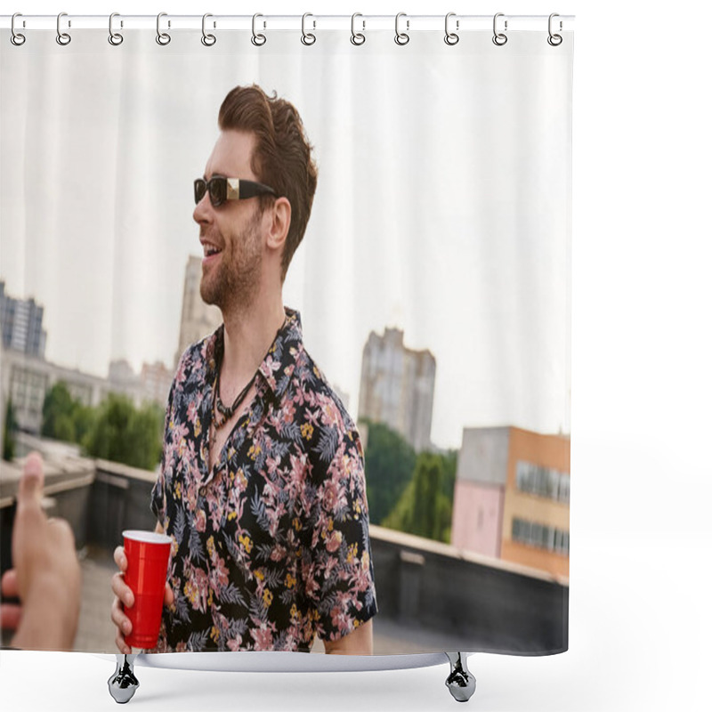 Personality  Cheerful Handsome Man With Stylish Sunglasses Holding Red Cup With Drink And Looking Away On Roof Shower Curtains