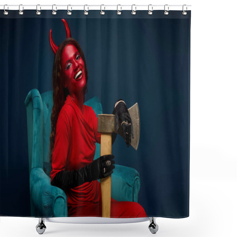 Personality  The Striking Woman In A Devil Costume Smiles Bright, Holding An Axe While Seated In A Stylish Chair. Shower Curtains