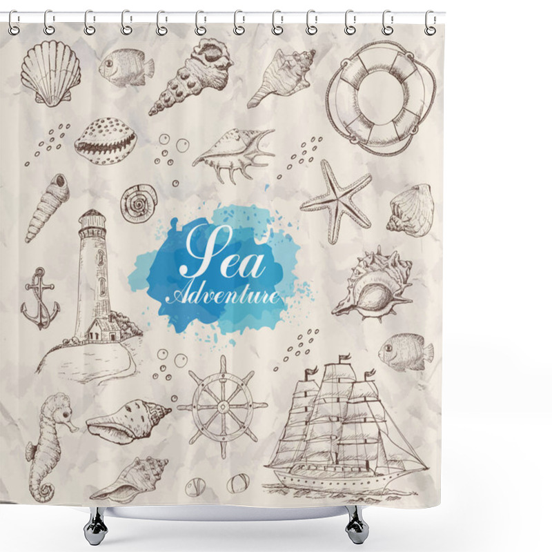 Personality  Isolated Sea Objects. Shells, Starfish, Anchor, Lighthouse, Fish, Ship. Vector Illustration For Your Design Shower Curtains