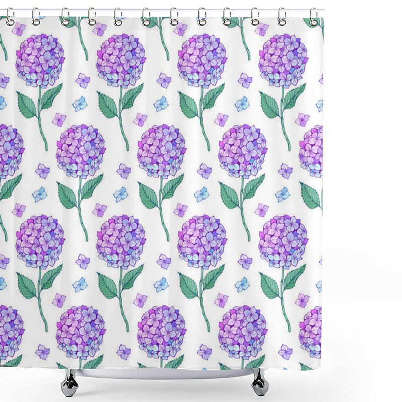 Personality  Hydrangea Flower Seamless Pattern. Purple Violet Petals, Stem And Leaves On White. Vector Illustration. Texture For Print, Fabric, Textile, Wallpaper. Shower Curtains