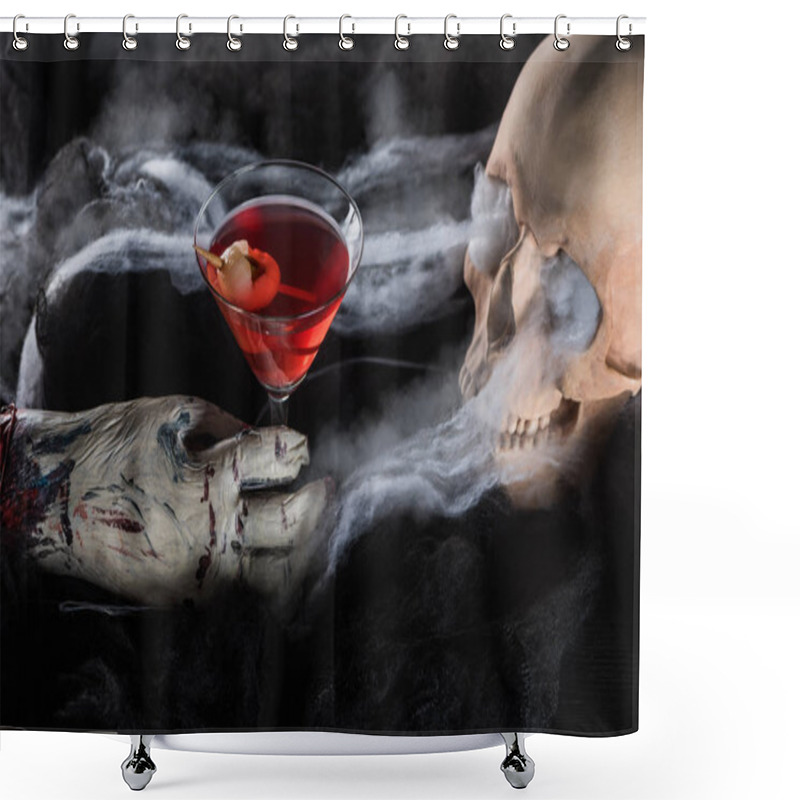 Personality  Spooky Human Skull With Red Cocktail On Black Background, Halloween Decoration Shower Curtains