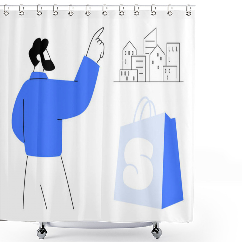 Personality  Man Points At Urban Buildings, With A Shopping Bag In The Foreground. Ideal For Urban Living, Architecture, Shopping, Lifestyle, And Consumerism Themes. Simplistic, Modern, Minimalistic Style Shower Curtains