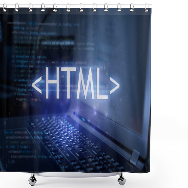 Personality  HTML Inscription Against Laptop And Code Background. Learn Html Programming Language, Computer Courses, Training.  Shower Curtains