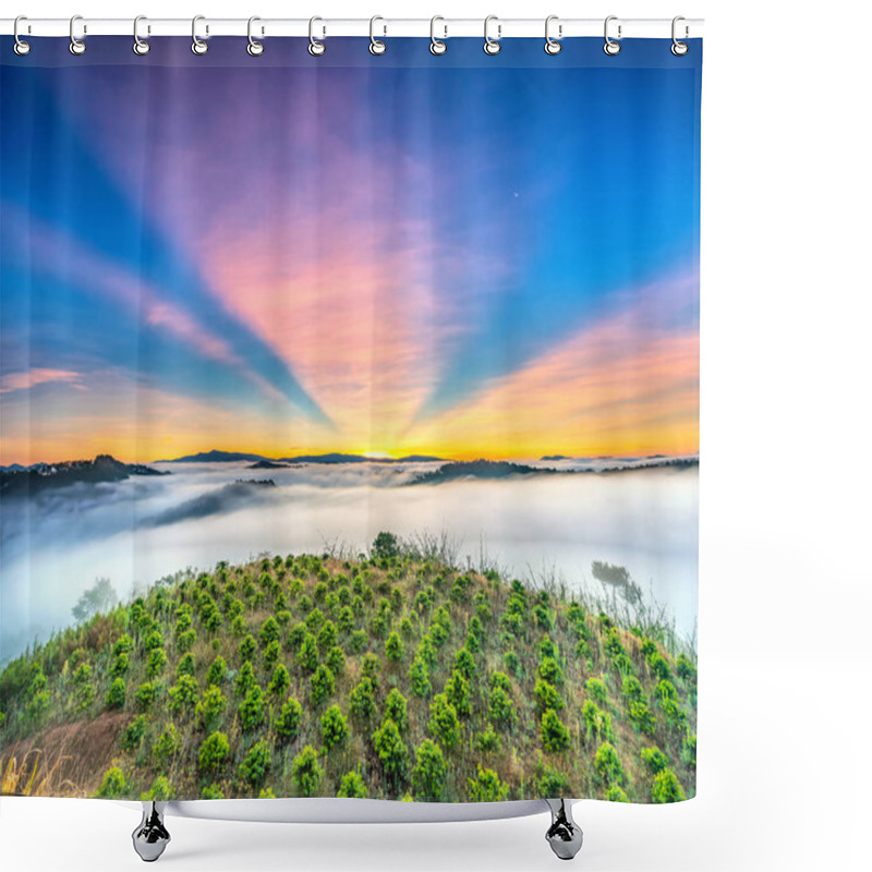 Personality  Sunrise On Plateau When Sunshine Create Beautiful Sun Rays Clouds In Sky, Below Clouds Covered Hills Pine Forests Between Clouds Crept Up Many Impressive Sight Shower Curtains