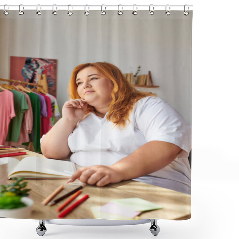 Personality  A Plus Size Woman Thoughtfully Sketches Ideas Surrounded By Vibrant Clothing And Art Supplies. Shower Curtains