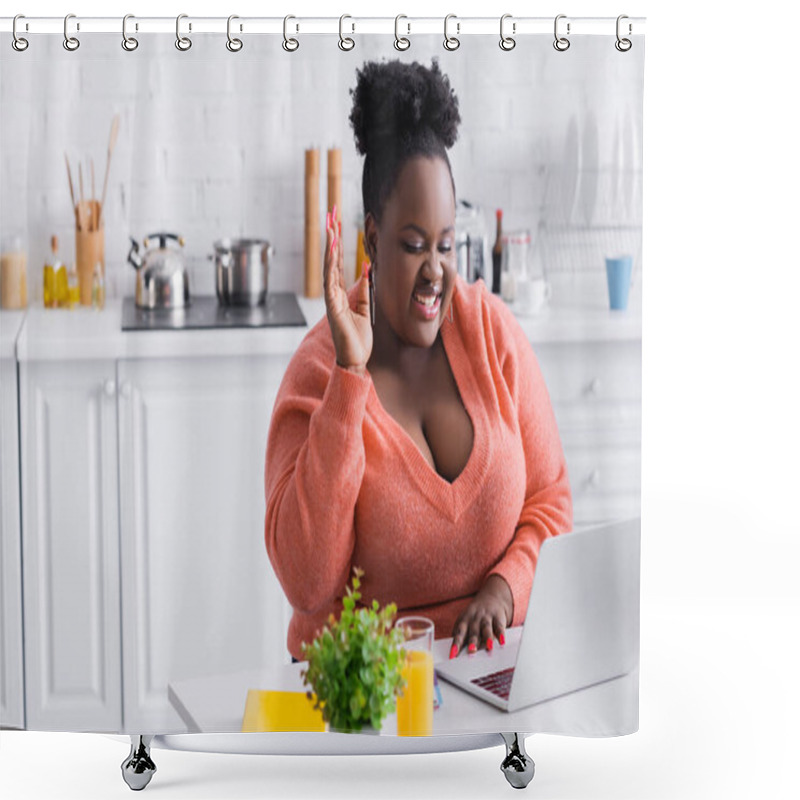 Personality  Happy African American Plus Size Freelancer With Raised Hand Using Laptop At Home Shower Curtains