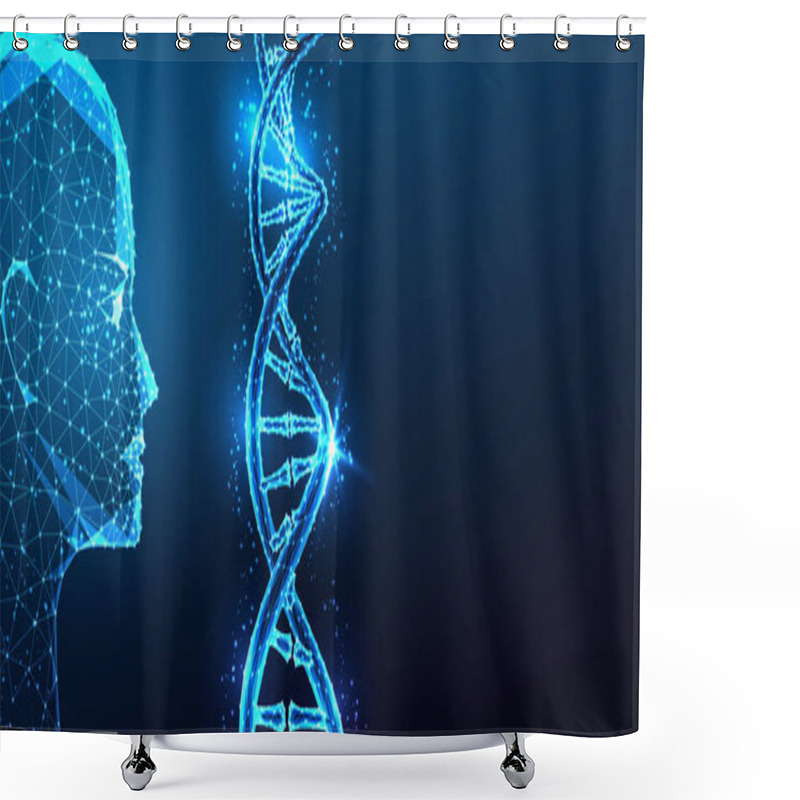 Personality  AI Genetics And Biotechnology Concept With AI Robotic Head Examining DNA Strand On Dark Blue Background. Innovation In Genomics, Bioengineering, Healthcare AI. Glowing Polygonal Vector Illustration. Shower Curtains