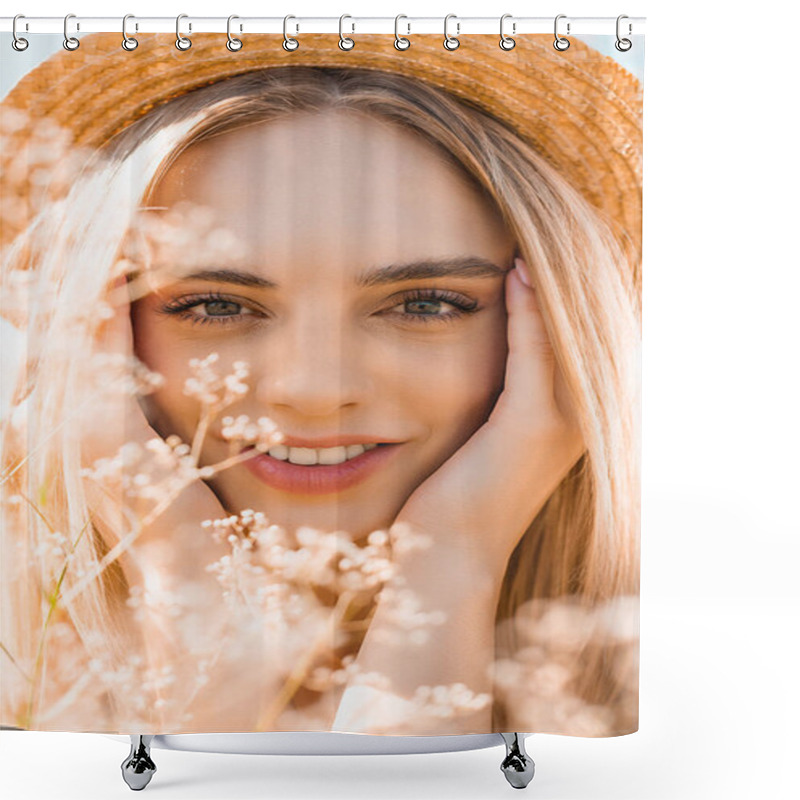 Personality  Portrait Of Sensual Blonde Woman In Straw Hat Looking At Camera And Touching Face Near Wildflowers Shower Curtains