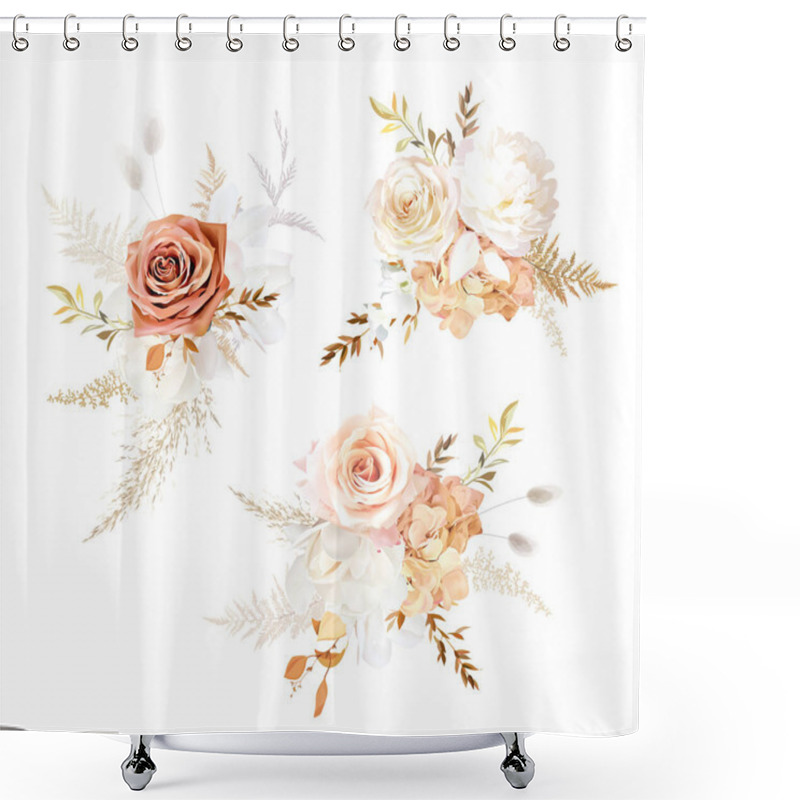 Personality  Rust Orange And Blush Pink Antique Rose, Beige And Pale Flowers, Creamy Magnolia, Peony, Ranunculus, Hydrangea, Fall Leaves Wedding Vector Bouquets. Floral Watercolor Arrangement.Isolated And Editable Shower Curtains