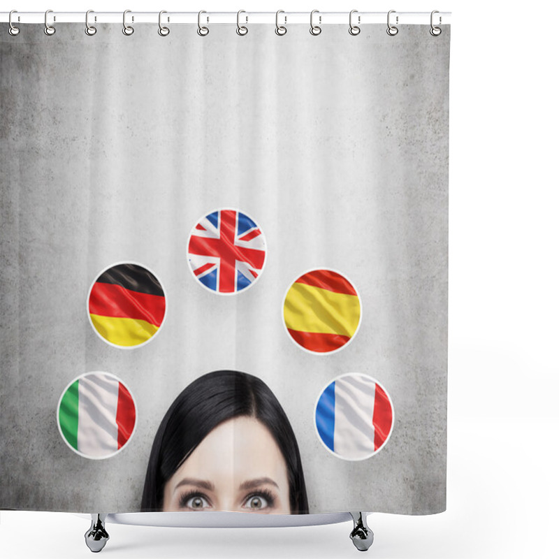 Personality  A Concept Of Foreign Language Studying Process. A Foreseen Of The Brunette Girl Surrounded By Icons Of European Flags. Concrete Background. Shower Curtains