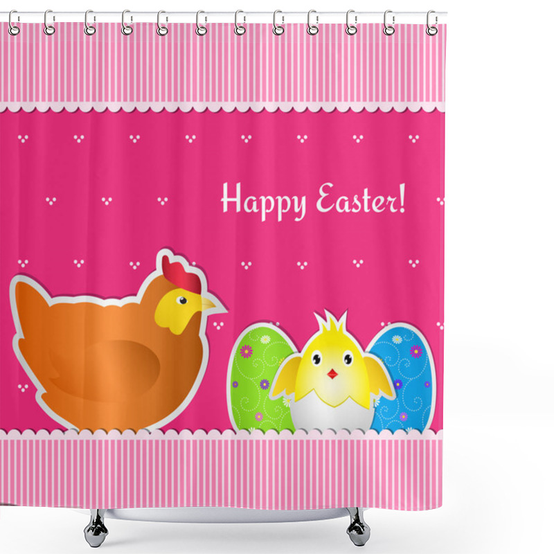 Personality  Easter Card With Chicken, Chick And Two Eggs Shower Curtains