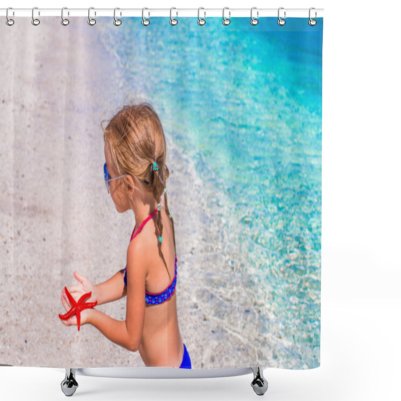 Personality  Adorable Little Girl With Starfish At Beach During Summer Vacation Shower Curtains