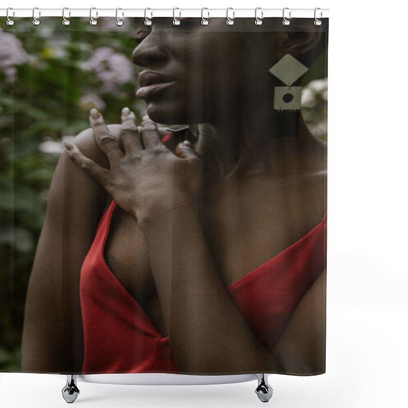 Personality  Fashionable Tender African American Woman Posing In Red Dress Shower Curtains