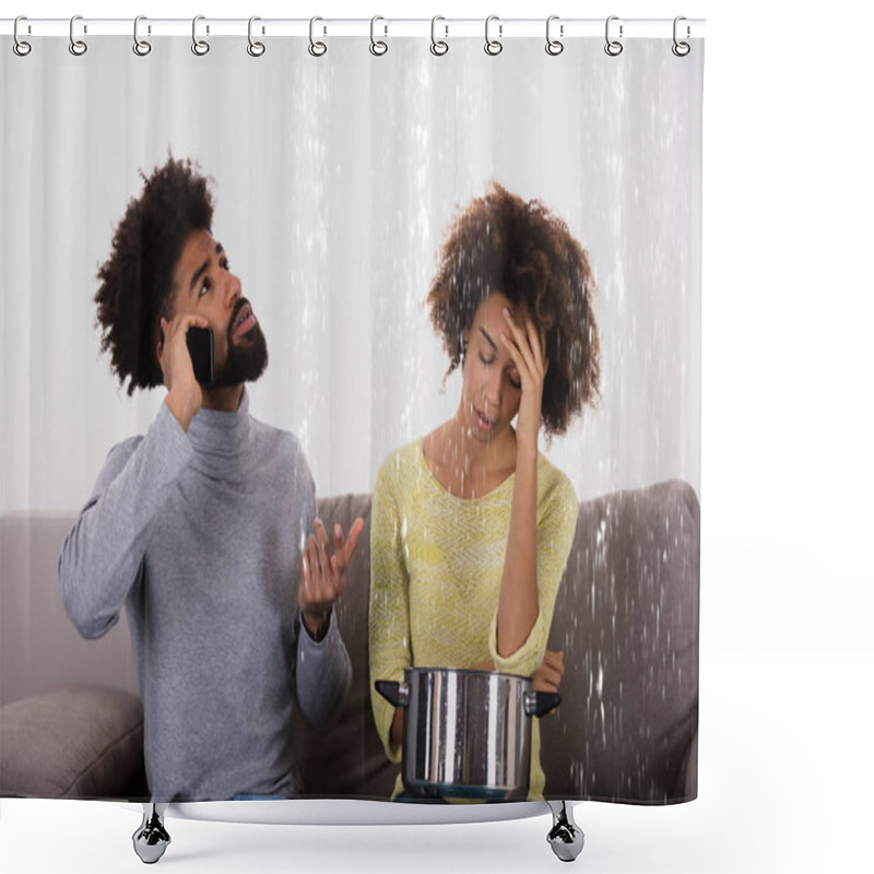 Personality  Young Man Calling Plumber While Woman Using Utensil For Collecting Water Leaking From Ceiling Shower Curtains