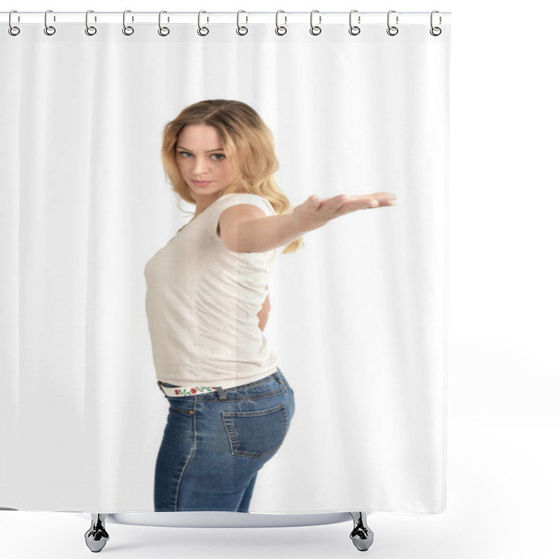 Personality  3/4 Portrait Of Blonde Girl Wearing White Shirt,  Isolated On White Background. Shower Curtains