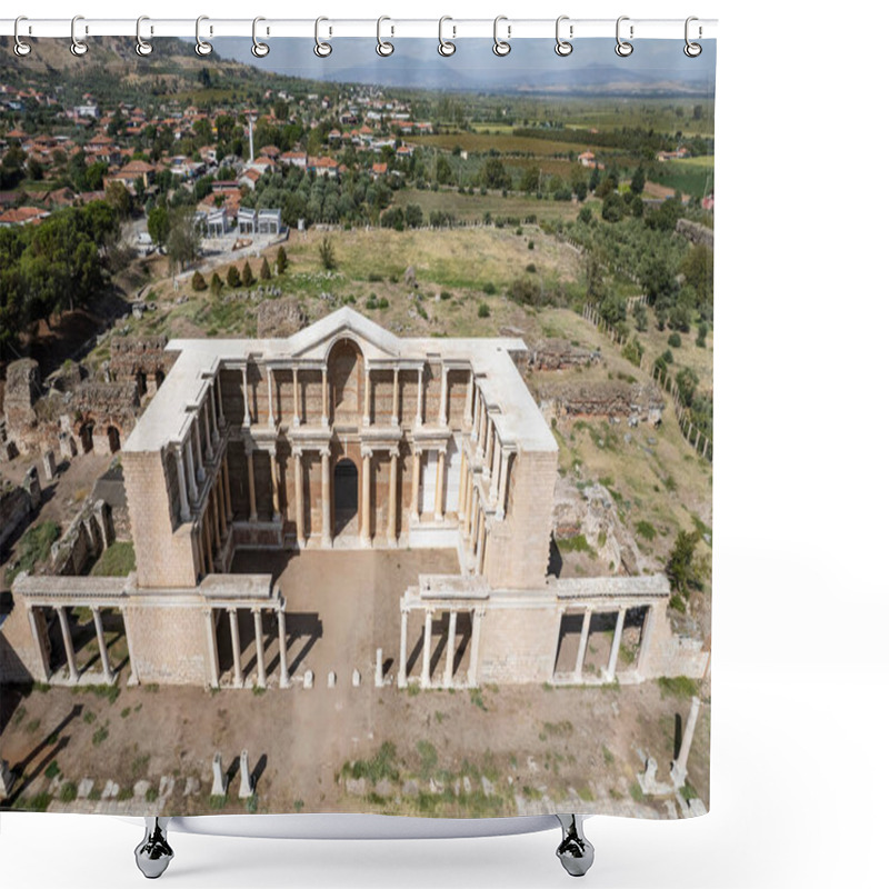 Personality  Aerial View With Drone; Sardes (Sardis) Ancient City Which Has Gymnasium And Synagogue Ruins And Columns In Manisa, Turkey. Shower Curtains