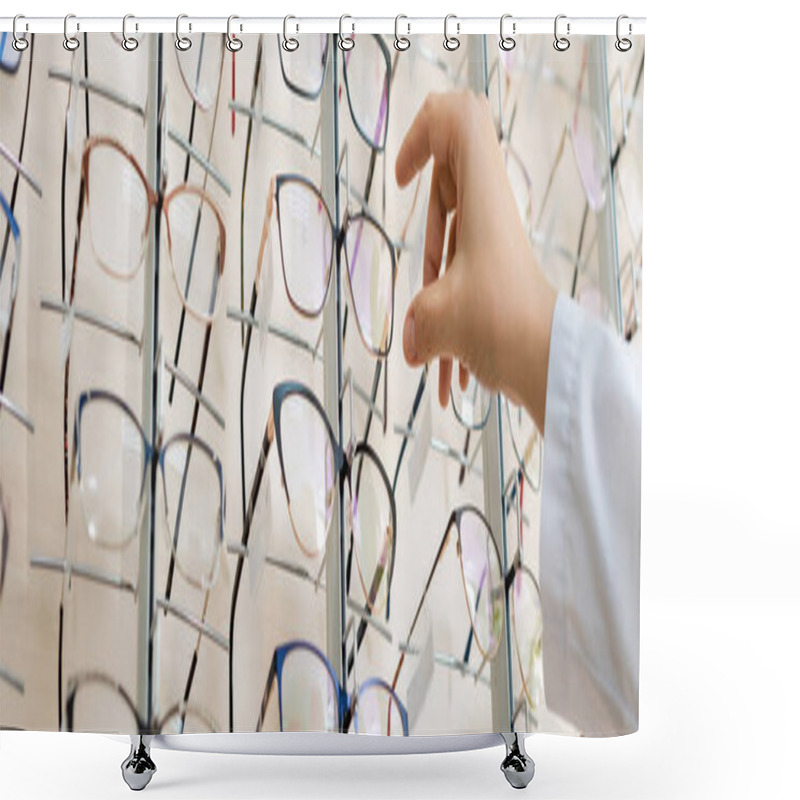 Personality  Cropped View Of Oculist Taking Eyeglasses In Optics Store, Banner Shower Curtains